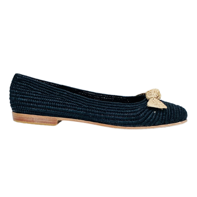 Raffia Ballet Flats (Black with Natural Bow)