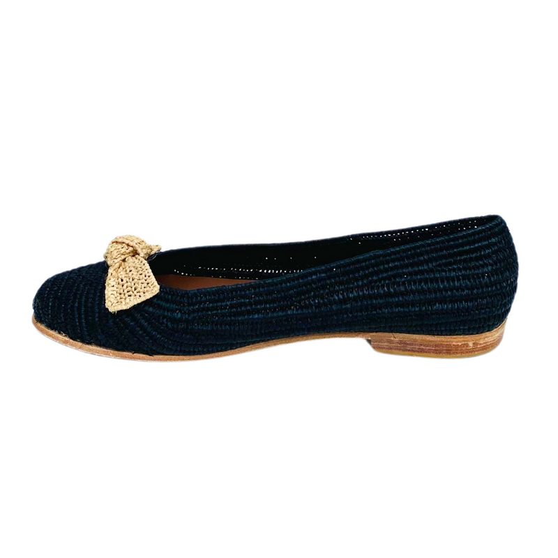 Raffia Ballet Flats (Black with Natural Bow)