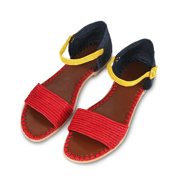 Raffia Sandal (Red/Blue with Yellow)